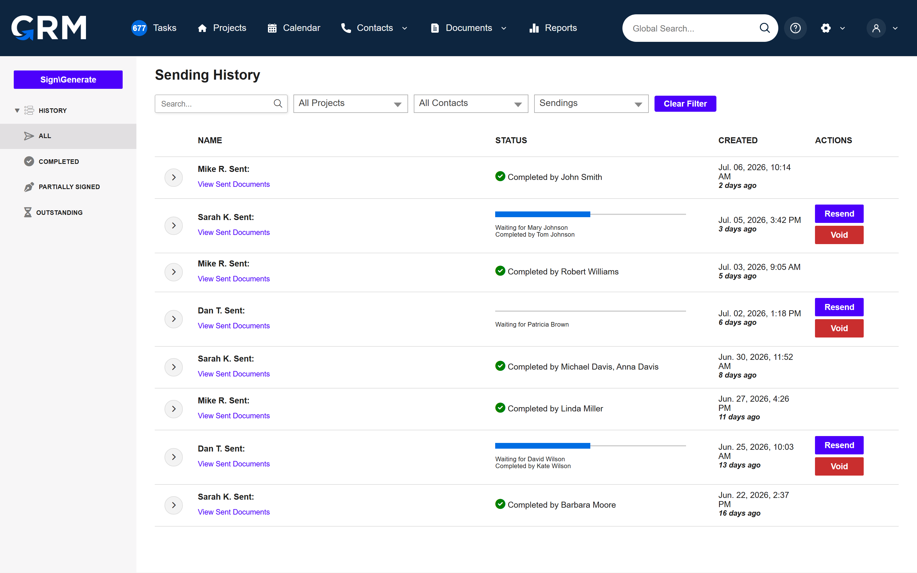 CRM For Claims — documents hub with e-signature sending history