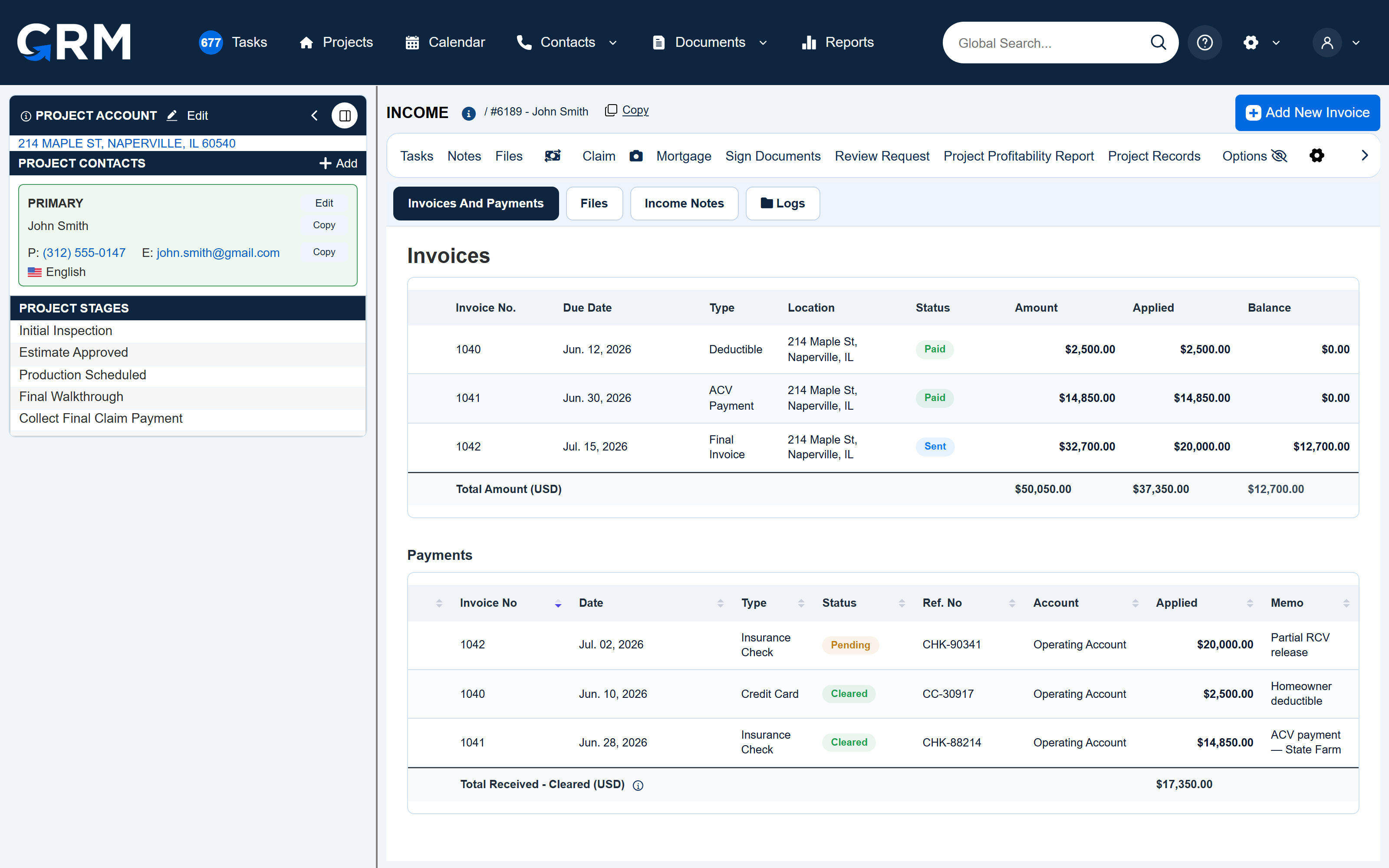 CRM For Claims — project invoices and payments tied to the claim